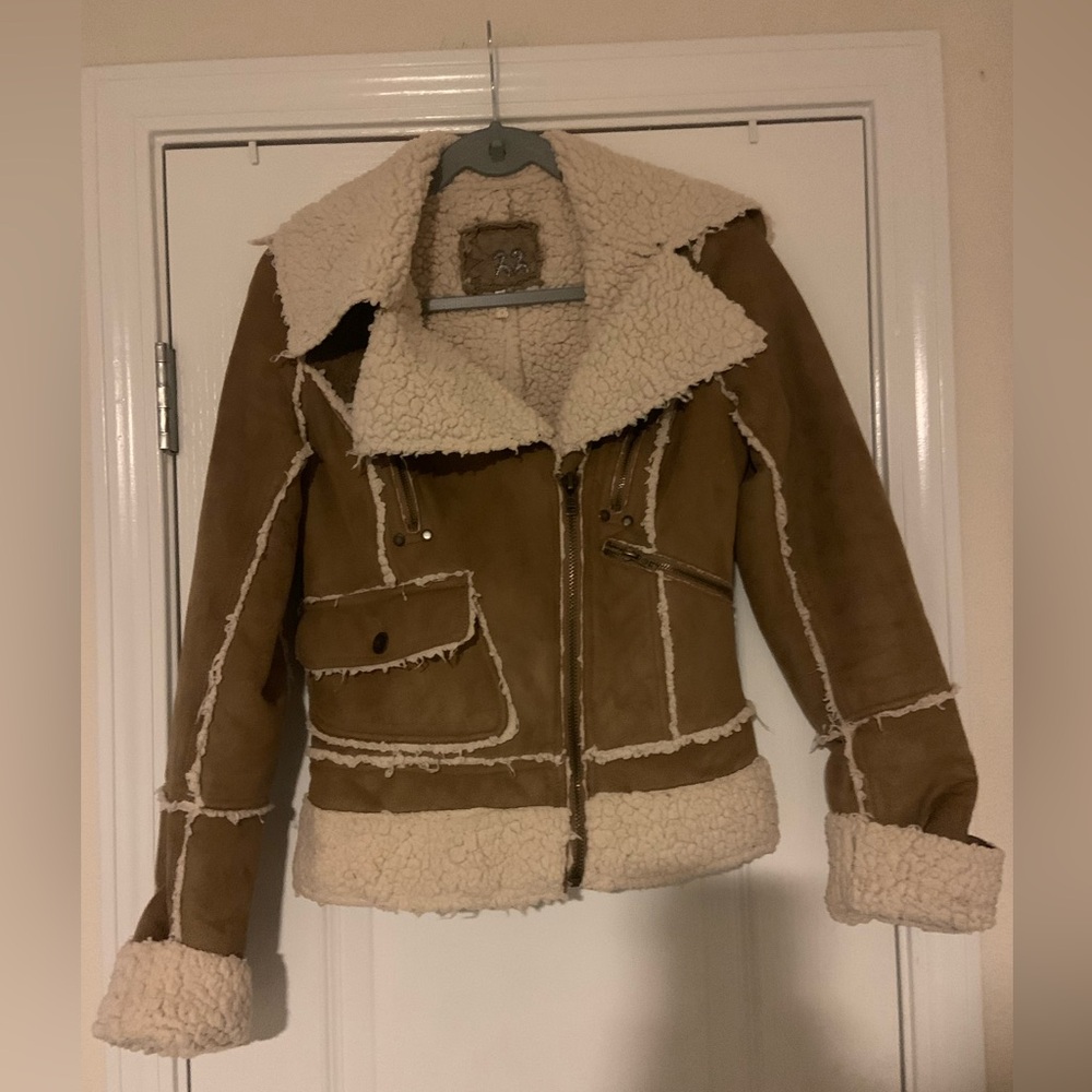 Y2K Twill Twenty Two (22) Faux Shearling Moto Jacket Brown Small